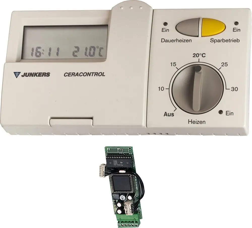 Wandthermostat von Bosch mit LCD-Display und Drehregler zur Temperaturregelung, darunter ein Steuerplatine-Modul.
